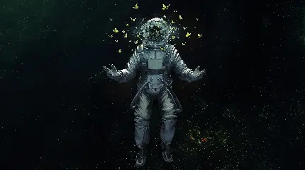 تصویر دیجیتالی فضانورد معلق همراه پروانه ها با فضای مشکی