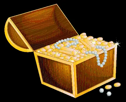 عکس انیمیشنی صندوقچه گنج چوبی با مروارید و سکه و شمش طلا 