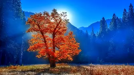 دانلود عکس درخت نارنجی پاییزی با بک گراند آبی برای چاپ تابلو 