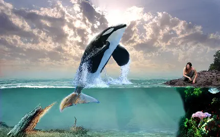 تصویر باکیفیت 3d موجود دریایی وال و نهنگ طراحی دیجیتال