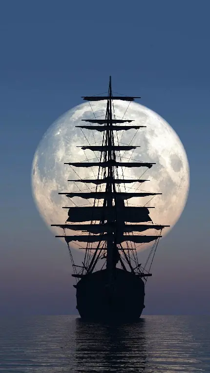 خوشگل ترین والپیپر قایق چوبی بادبانی در شب با ماه کامل