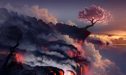 درختی با شکوفه های صورتی بین فضایی مملو از ابر و مواد مذاب آتشفشانی