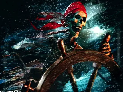 تصویر پربازدید دزد دریایی روی کشتی در یک شب طوفانی وحشتناک
