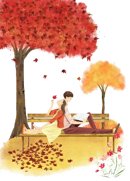عکس Png نقاشی زوج عاشق روی نیمکت زیر درخت با برگ های قرمز 
