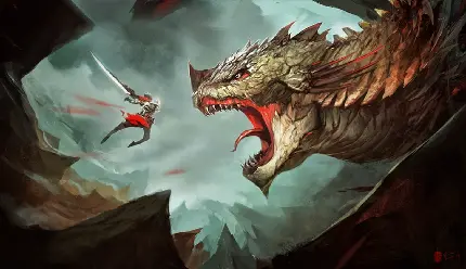 تصویر شگفت انگیز فانتزی مبارزه جنگجوی شمشیر زن با اژدها