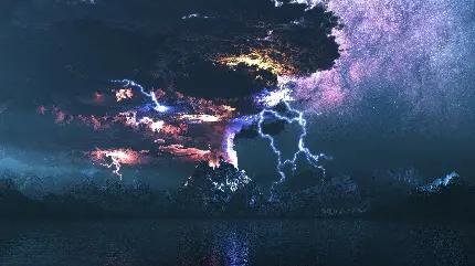 زیباترین عکس رعد و برق و آتشفشان فعال در کنار دریاچه