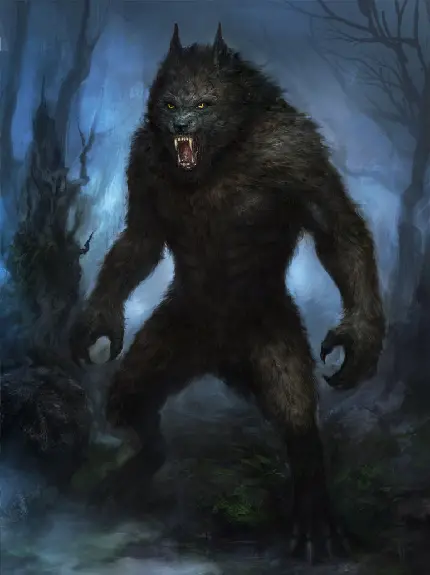 تصویر نقاشی گرگینه خطرناک پشمالوی بزرگ در جنگل تاریک