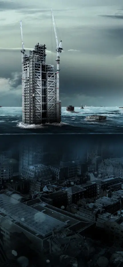 والپیپر خفن فانتزی شهر مدفون زیر آب بعد از برخورد سونامی برای لپ تاپ و ویندوز