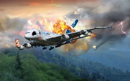 عکس ادیت و فتوشاپ منفجر شدن هواپیمای در آسمان با کیفیت بالا
