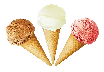 عکس دور بری شده سه بستنی قیفی با طعم های مختلف جدا از هم 