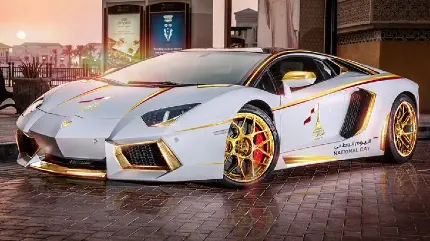 دانلود عکس ماشین اسپرت Lamborghini سفید طلایی لاکچری