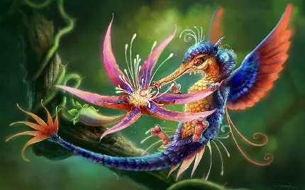 نقاشی فانتزی و تخیلی زیبا با طرح اسب دریایی بال دار و پرنده