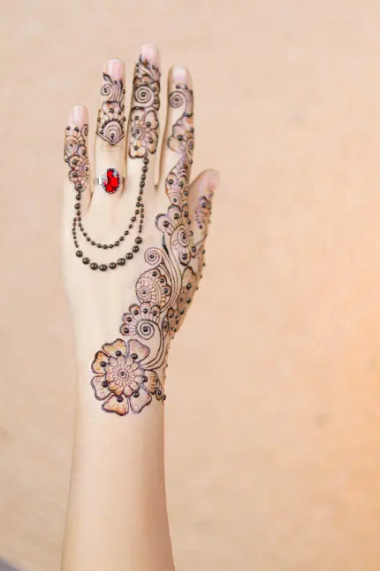 عکس مدل جذاب و ترند مینیمال حنا روی دست با تزیین خاص گل برای ایده
