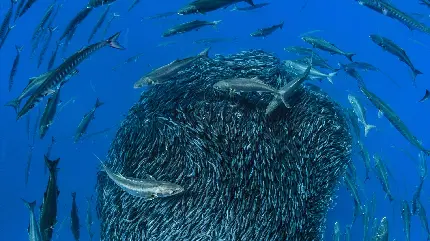 تصویر شگفت انگیز مراقبت ماهی های بزرگتر از بچه ماهی ها در دل دریا آبی رنگ