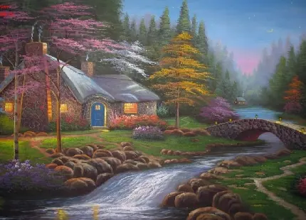 تصویر زمینه نقاشی شده خوشگل از کلبه جنگلی رویایی کنار جاده