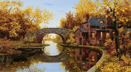 پس زمینه منظره پاییزی قشنگ همراه خانه رویایی کنار رودخانه