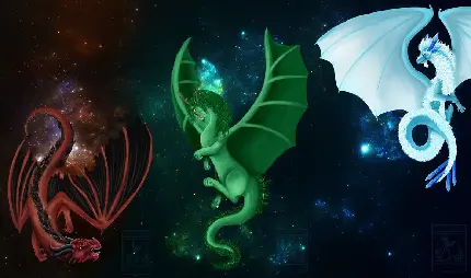 تصویر کارتونی اژدهاهای عنصری در رنگ های سبز و سفید و قرمز