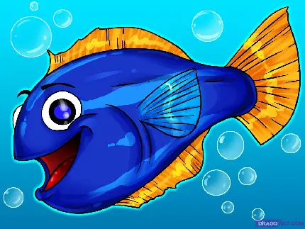 عکس نقاشی ماهی کارتونی آبی رنگ خندان باکیفیت HD