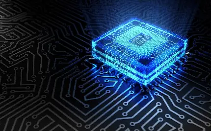 عکس ریز پردازنده کامپیوتر با درخشش نور آبی خیره کننده