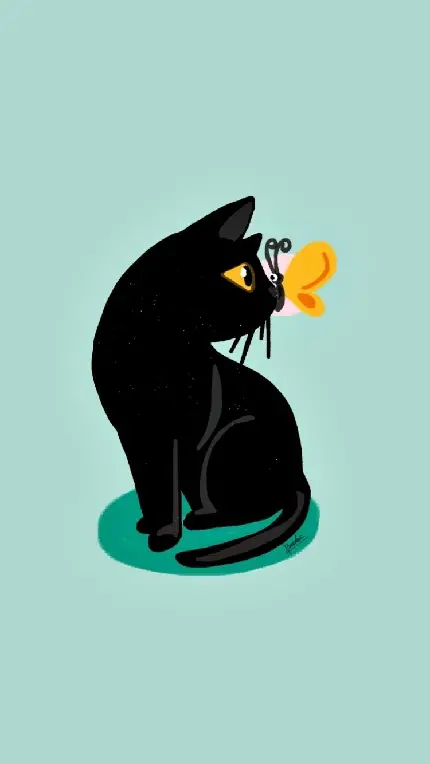 والپیپر گربه سیاه کیوت در حال بازی با پروانه با زمینه آبی 