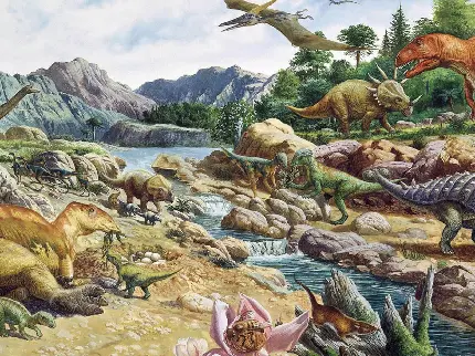 دانلود تصویر نقاشی شده دوران باشکوه دایناسورها روی زمین 