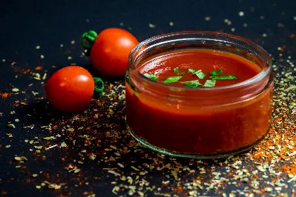 عکس استوک از سس گوجه فرنگی دیزاین شده با برگ خشک و گوجه