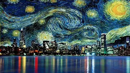 تصویر زیبا و چشمگیر نقاشی جالب و دیدنی شب پر ستاره ونسان ون گوگ