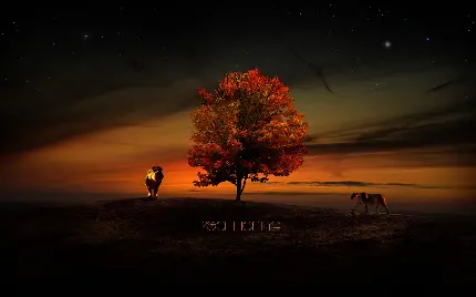تصویر زمینه نارنجی از درخت زندگی در کنار شیر در شب پر ستاره