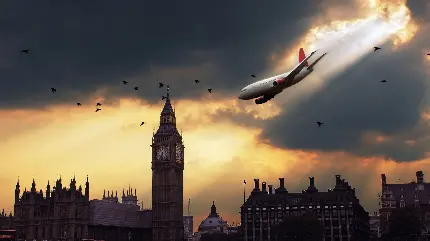 عکس لحظه سقوط هواپیمای مسافربری بزرگ نزدیک برج ساعت لندن