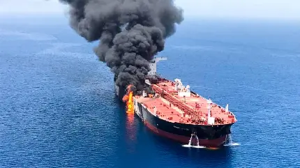 عکس پربازدید کشتی تانکر نفت کش آتش گرفته در وسط دریا