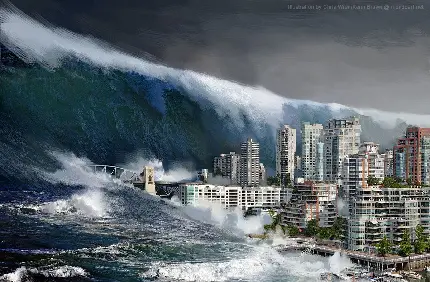 عکس زمینه از موج های هولناک سونامی در حال ویرانی شهر
