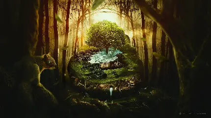 تصویر جذاب درخت زندگی واقع در چشمه ی حیات در جنگل مرموز
