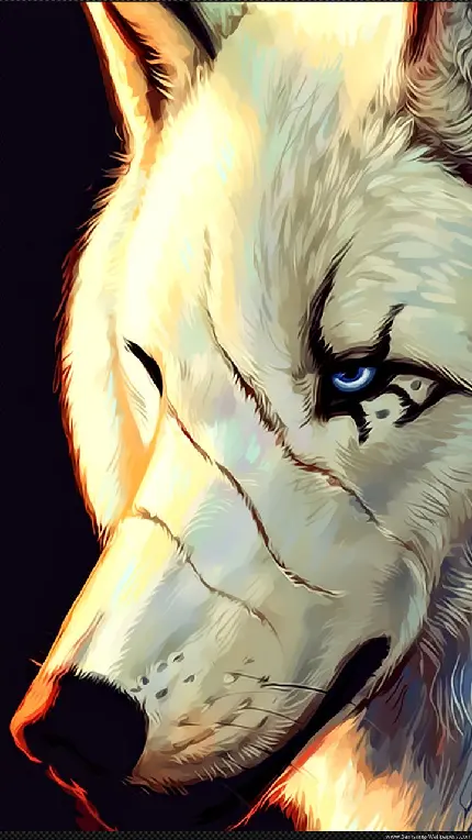 تصویر زمینه گرگ سفید وحشی با صورتی زخمی و نگاهی نافذ