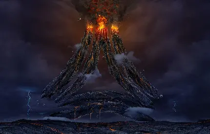 تصویر هنری فانتزی دهانه ی آتشفشان درحال فوران مواد مذاب