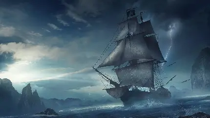نقاشی 4k کشتی بزرگ بادبانی در صاعقه و طوفان به عنوان پروفایل