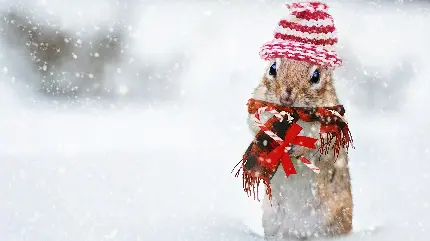 والپیپر فوق العاده قشنگ از سنجاب زیبا در زمستان با کلاه و شال قرمز