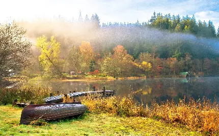 عکس جنگل چندفصل با قایق بی سرنشین کنار دریاچه برای زمینه ویندوز