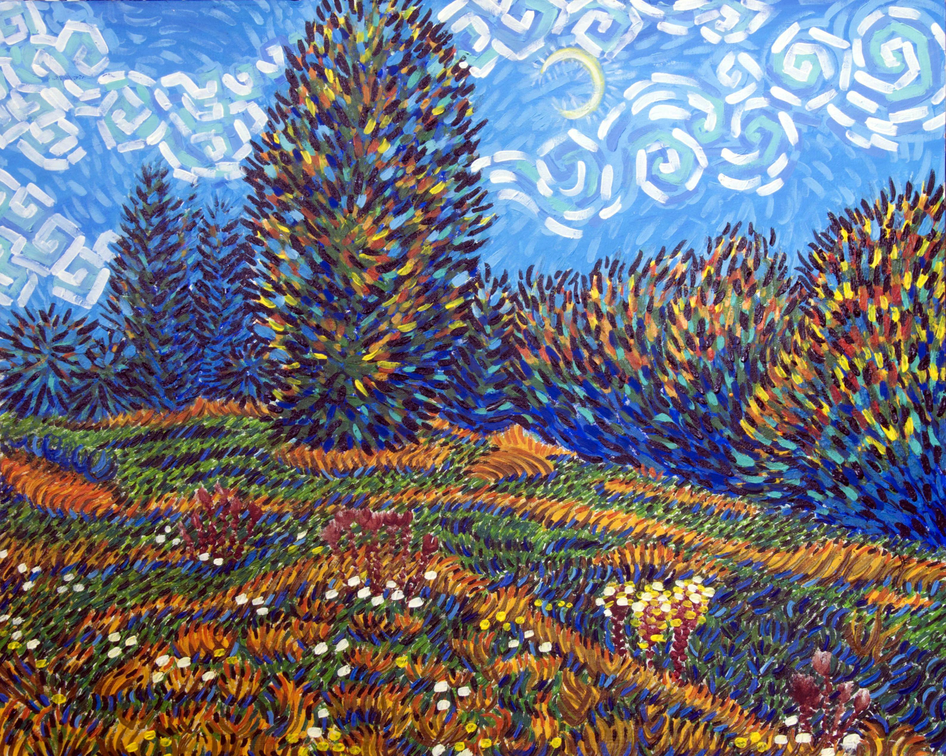 عکس استوک نقاشی مزرعه با درختان سرو ونسان ون گوگ با کیفیت فول اچ دی 