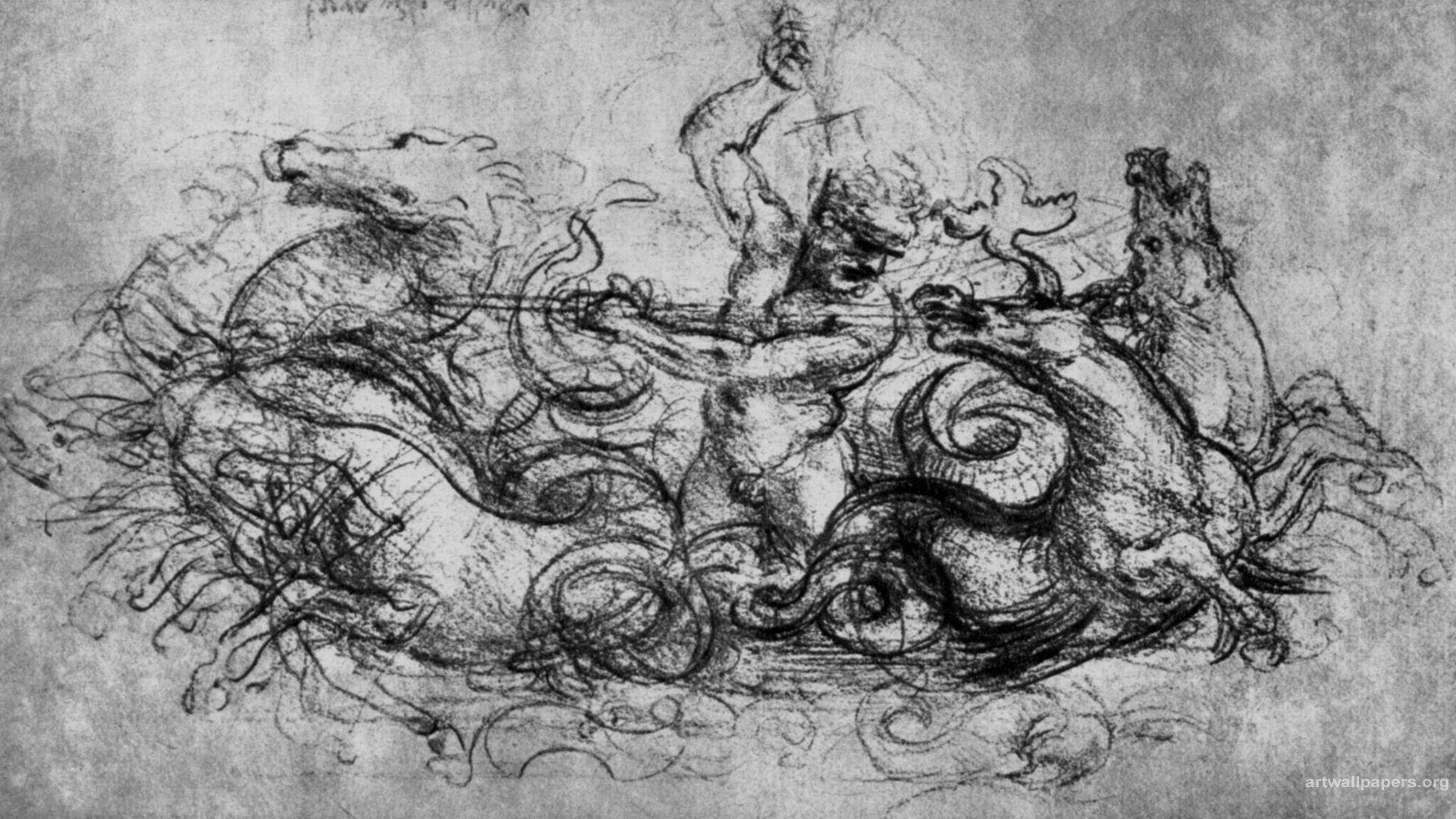 طراحی سیاه و سفید مردی سوار بر اسب اثر نقاش و هنرمند بزرگ لئوناردو داوینچی