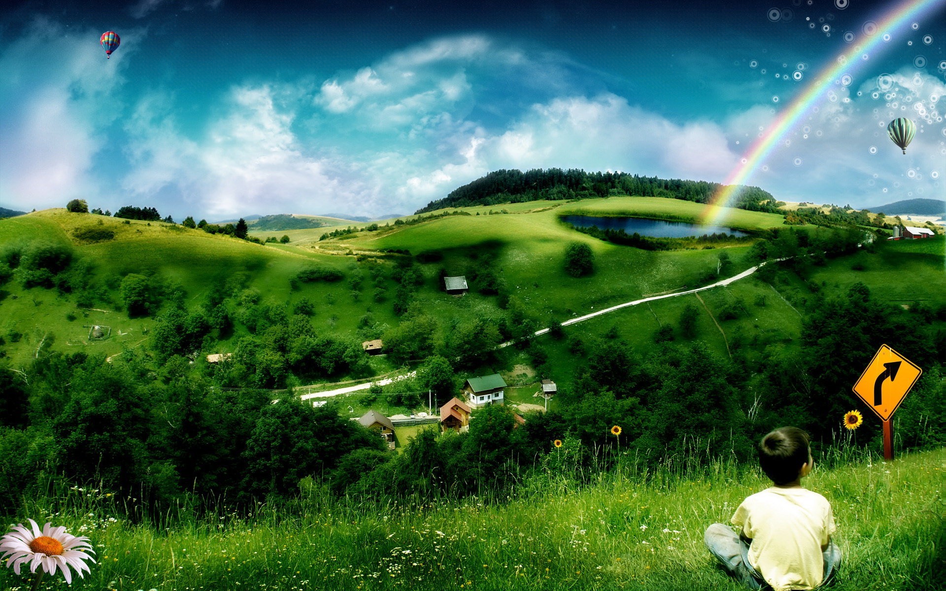 تصویر منظره هنری فصل بهار همراه با رنگین کمان و غروب آفتاب برای چاپ کتاب
