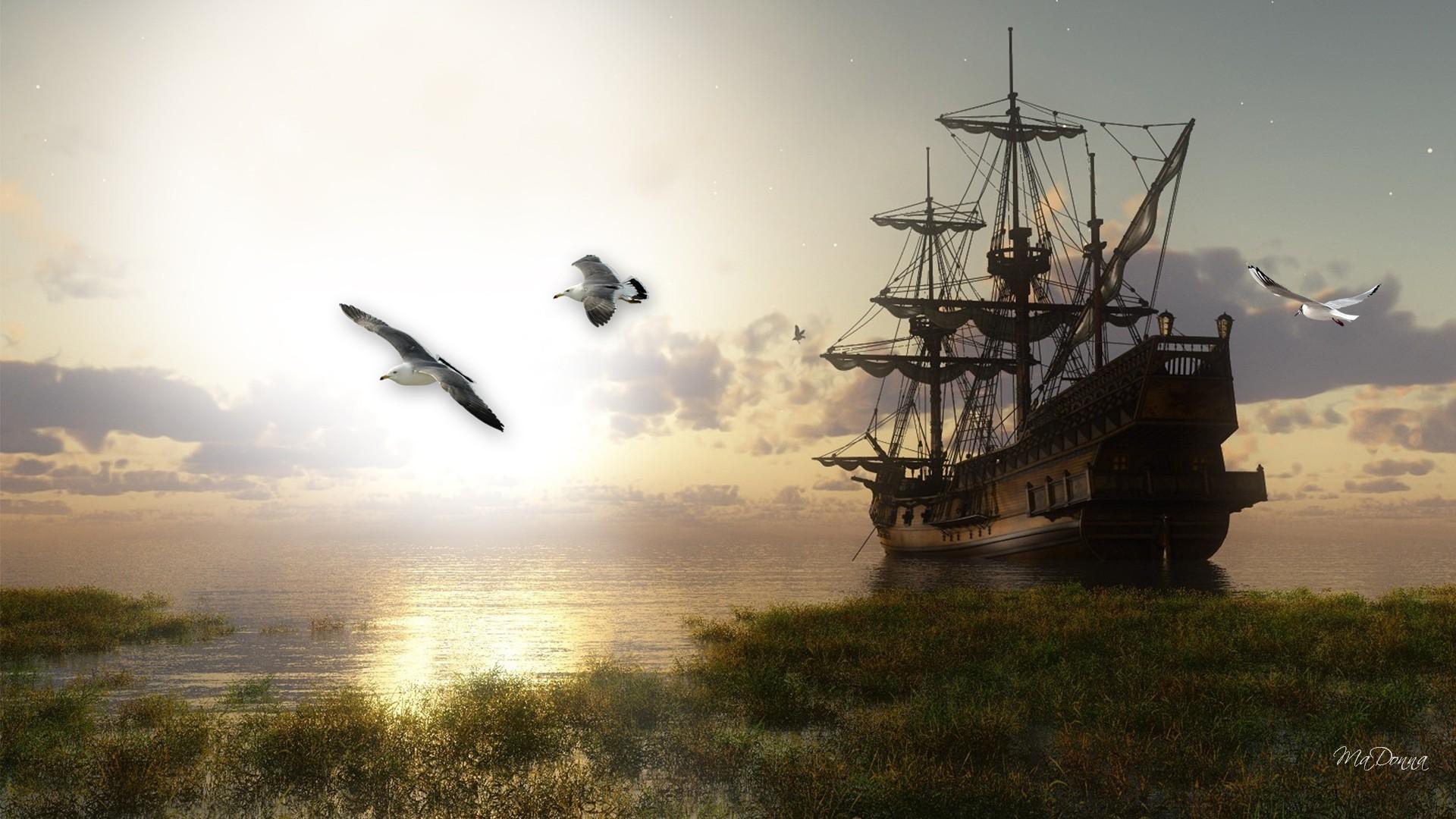 background تماشایی از کشتی قدیمی و پرواز مرغابی های دلنشین 