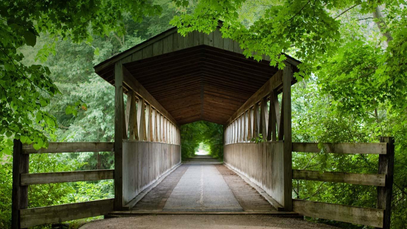 بارگیری تصویر گردشگری از پل سرپوشیده چوبی در طبیعت