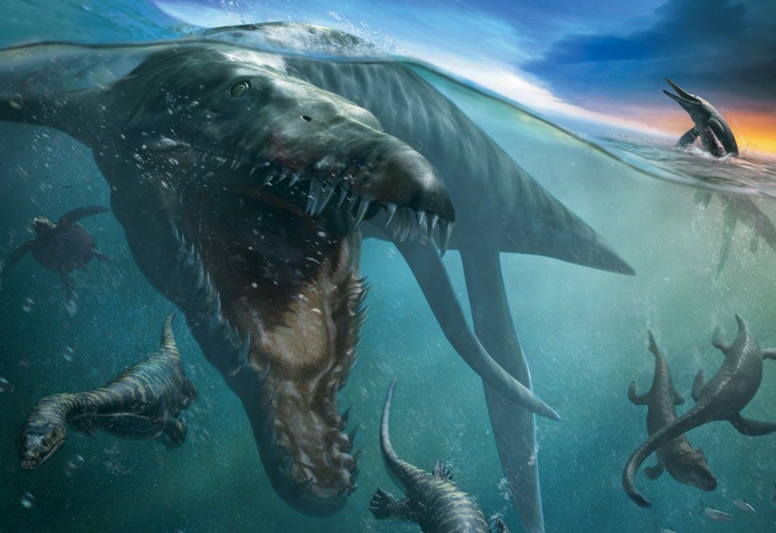 عکس دایناسور وحشی زیر آب با دندان های تیز و استخوان خرد کن