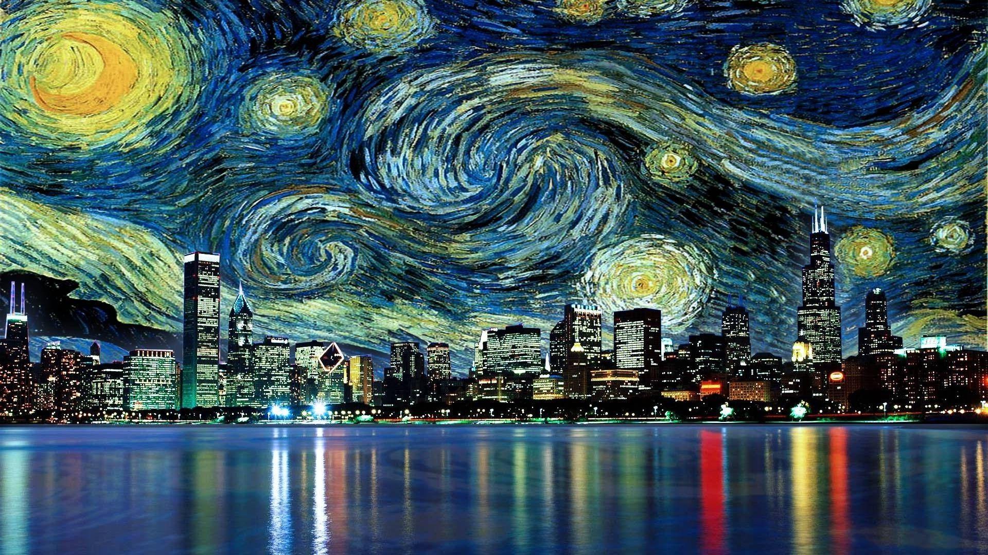 دانلود رایگان عکس فول اچ دی نقاشی شب پر ستاره ونسان ون گوگ