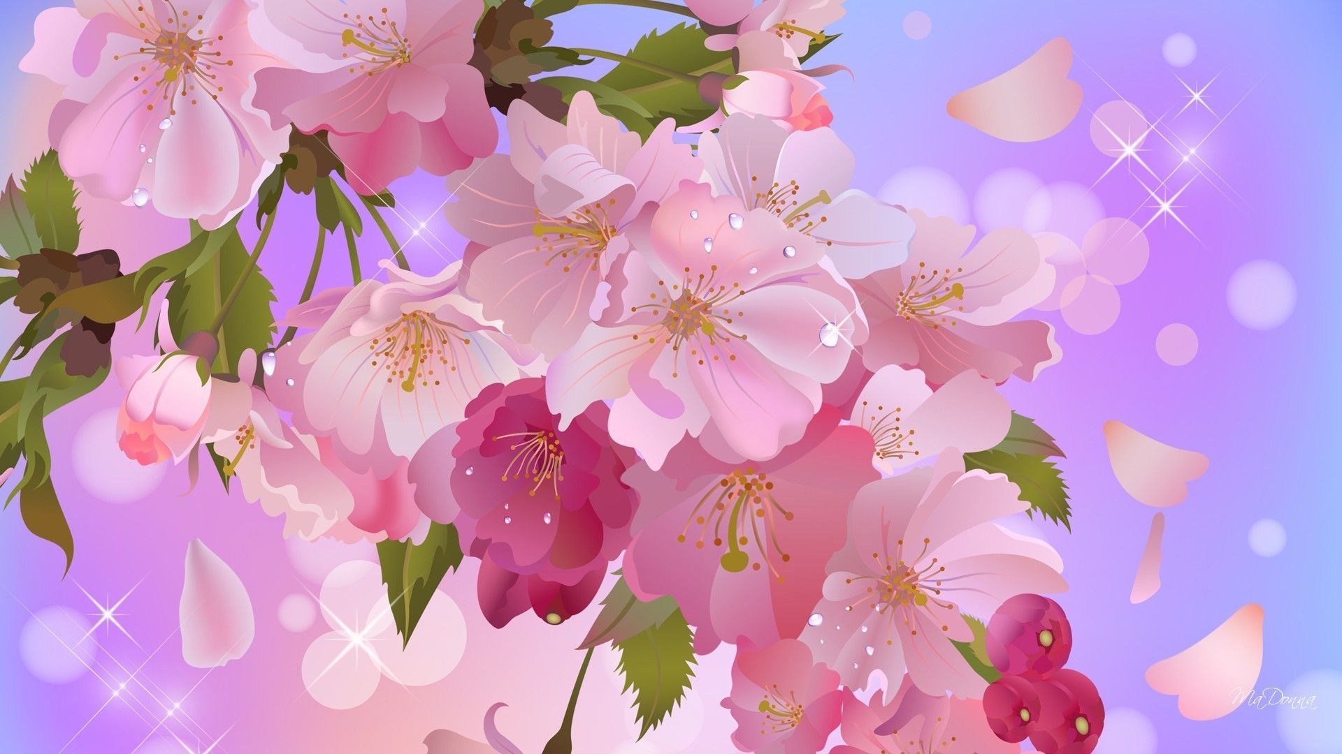 والپیپر ملیح نقاشی دیجیتالی شگفت از شکوفه های هلویی رنگ سیب