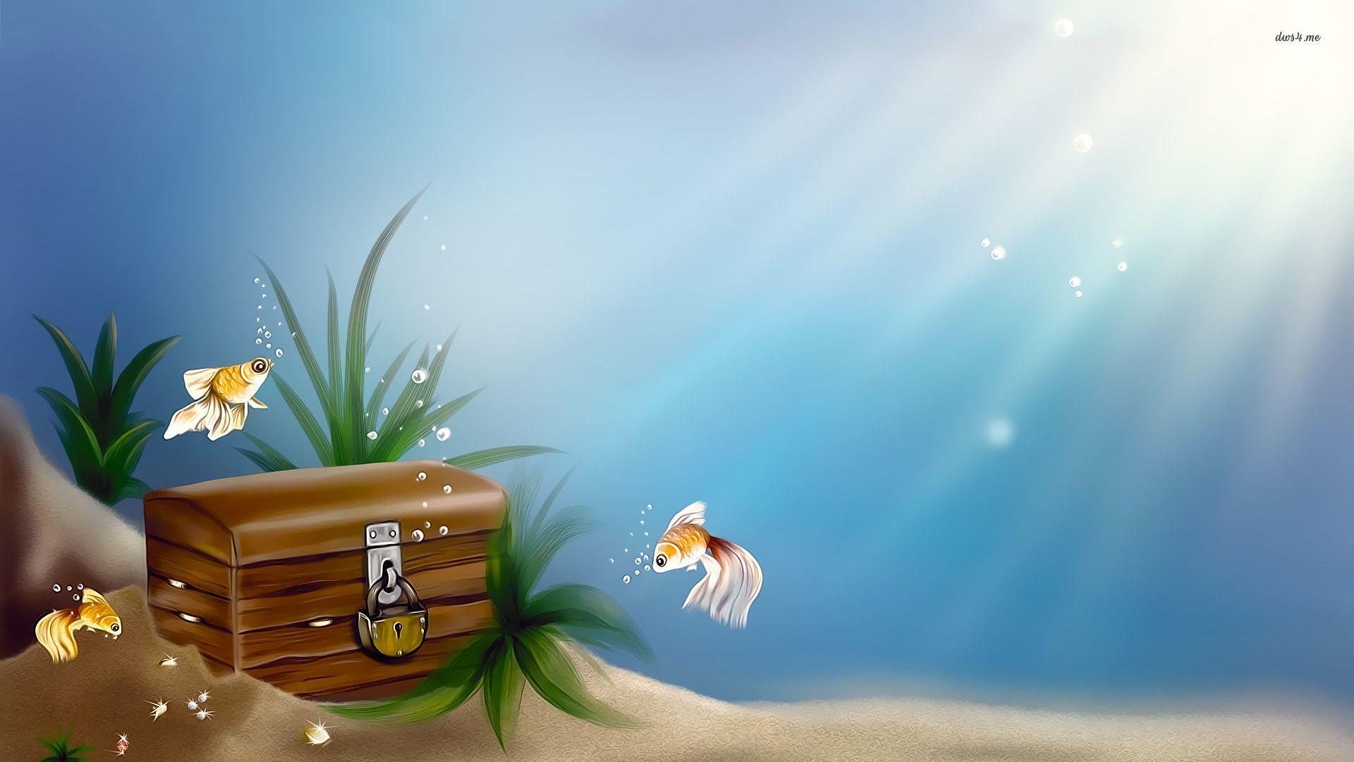 تصویر کارتونی صندوقچه گنج زیر آبی به سبک داستانی سرگرم کننده