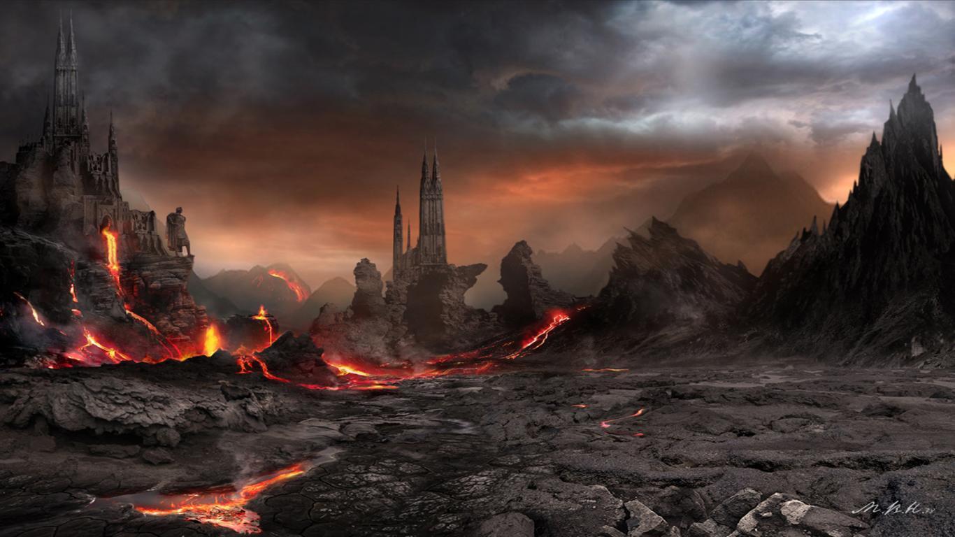 تصویر هنری واقعی ابرهای تیره و سنگ های مذاب اطراف آتشفشان