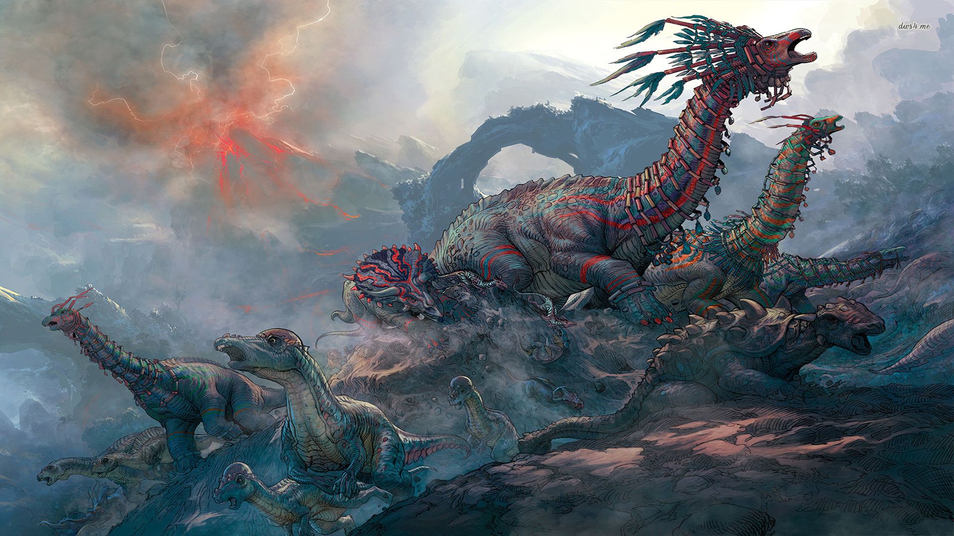 نقاشی جالب و مفهومی انقراض دایناسورها براثر پدیده های طبیعی