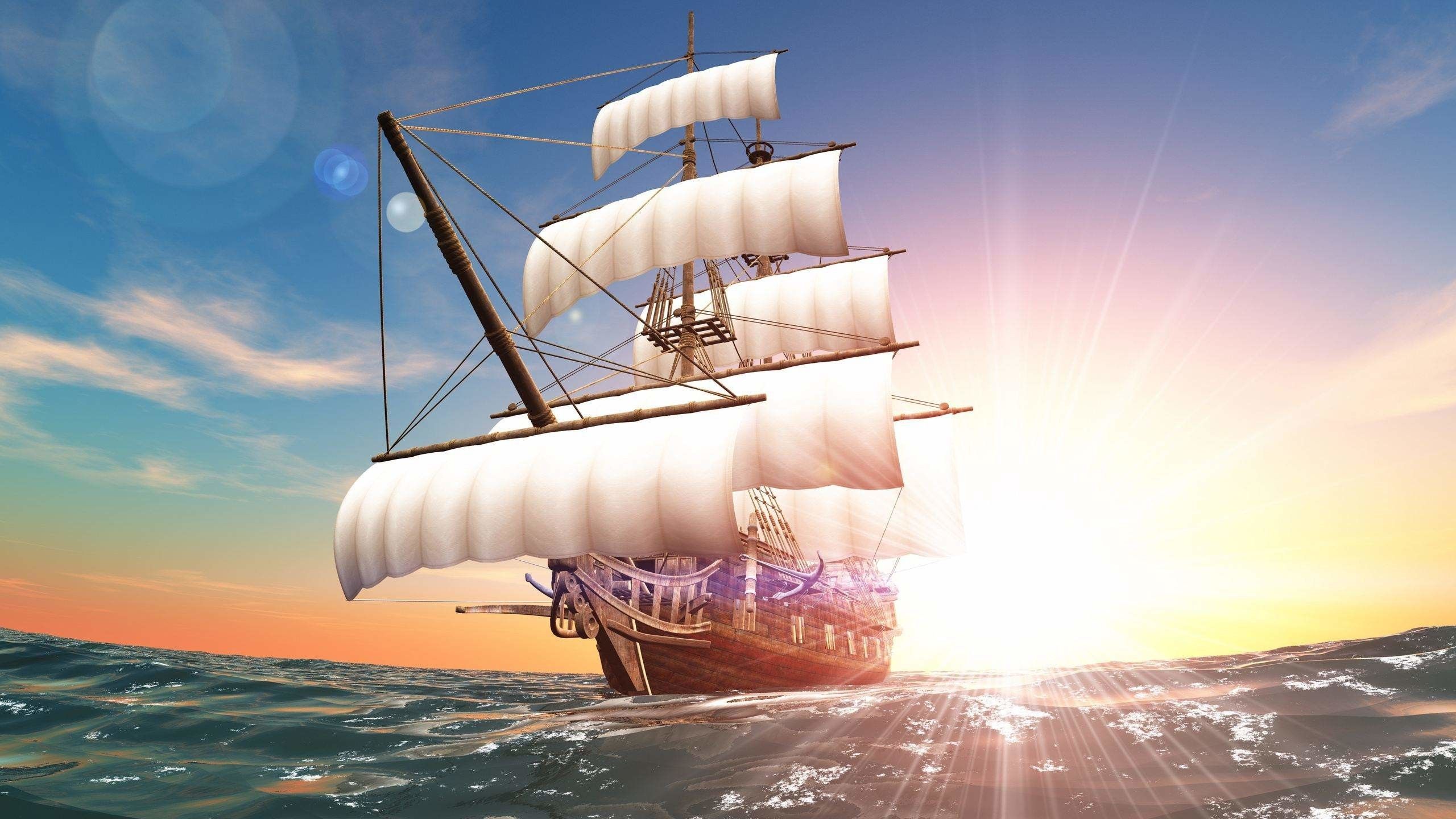 بک گراند 8k کشتی چوبی روی دریا زیر تابش خیره کننده خورشید