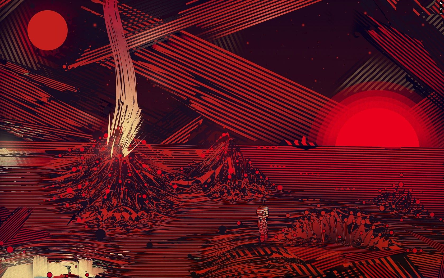 طرح زمینه هنری بیابان انتزاعی قرمز با افکت و فیلتر بین کوه های  آتشفشانی فانتزی  